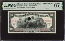 MEXICO. Banco de la Republica Mexicana. 10 Pesos, 1918. P-12s. Specimen. PMG Superb Gem Uncirculated 67 EPQ.
Estimate: $200.00 - 300.00