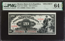 MEXICO. El Banco de la Republica Mexicana. 20 Pesos, 1918. P-13s. Specimen. PMG Choice Uncirculated 64 EPQ.
Estimate: $150.00 - 250.00