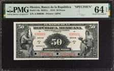 MEXICO. Banco de la Republica Mexicana. 50 Pesos, 1918. P-14s. Specimen. PMG Choice Uncirculated 64 EPQ.
Estimate: $200.00 - 300.00