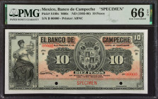 MEXICO. El Banco de Campeche. 10 Pesos, ND (1903-06). P-S109s. Specimen. PMG Gem Uncirculated 66 EPQ.
Estimate: $500.00 - 800.00