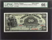 MEXICO. El Banco de Chiapas. 20 Pesos, 1901-06. P-S115s. Specimen. PMG Gem Uncirculated 66 EPQ.
Estimate: $1500.00 - 2000.00