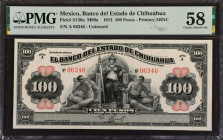 MEXICO. Banco del Estado de Chihuahua. 100 Pesos, 1913. P-S136a. PMG Choice About Uncirculated 58.
Estimate: $125.00 - 175.00