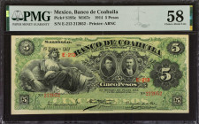 MEXICO. El Banco de Coahuila. 5 Pesos, 1914. P-S195c. PMG Choice About Uncirculated 58.
Estimate: $80.00 - 120.00