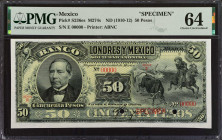 MEXICO. El Banco de Londres y Mexico. 50 Pesos, ND (1910-12). P-S236es. Specimen. PMG Choice Uncirculated 64.
Estimate: $100.00 - 150.00