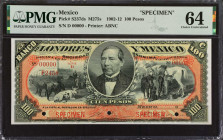 MEXICO. El Banco de Londres y Mexico. 100 Pesos, 1902-12. P-S237ds. Specimen. PMG Choice Uncirculated 64.
PMG comments "Pinholes".
Estimate: $150.00...