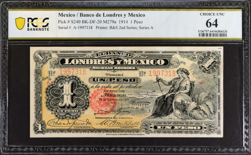 MEXICO. El Banco Londres y Mexico. 1 Peso, 1914. P-S240. PCGS Banknote Choice Un...