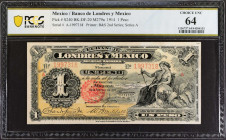 MEXICO. El Banco Londres y Mexico. 1 Peso, 1914. P-S240. PCGS Banknote Choice Uncirculated 64.
Estimate: $40.00 - 60.00