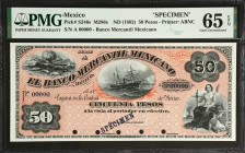 MEXICO. El Banco Mercantil Mexicano. 50 Pesos, ND (1882). P-S246s. Specimen. PMG Gem Uncirculated 65 EPQ.
Printed by ABNC. One of just two examples g...