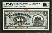 MEXICO. El Banco Nacional de Mexico. 100 Pesos, ND (ca. 1913). P-S261As. Specimen. PMG Gem Uncirculated 66 EPQ.
Printed by ABNC. A colorful example o...