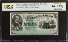 MEXICO. Nacional Monte de Piedad. 1 Peso, 188_. P-S264r1. Remainder. PCGS Banknote Choice Uncirculated 64 PPQ.
Estimate: $100.00 - 150.00