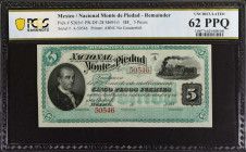 MEXICO. Nacional Monte de Piedad. 5 Pesos, 188_. P-S265r1. Remainder. PCGS Banknote Uncirculated 62 PPQ.
Estimate: $70.00 - 100.00
