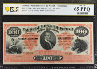 MEXICO. Nacional Monte de Piedad. 100 Pesos, 188_. P-S268r1. Remainder. PCGS Banknote Gem Uncirculated 65 PPQ.
Estimate: $175.00 - 250.00
