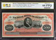 MEXICO. Nacional Monte de Piedad. 500 Pesos, 188_. P-S270r1. Remainder. PCGS Banknote Choice Uncirculated 64 PPQ.
Estimate: $200.00 - 300.00