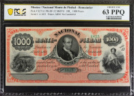 MEXICO. Nacional Monte de Piedad. 1000 Pesos, 188_. P-S271r1. Remainder. PCGS Banknote Choice Uncirculated 63 PPQ.
Estimate: $300.00 - 400.00