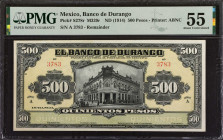 MEXICO. El Banco de Durango. 500 Pesos, ND (1914). P-S278r. Remainder. PMG About Uncirculated 55.
PMG comments "Toning".
Estimate: $150.00 - 200.00