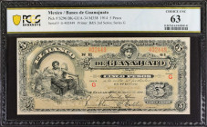 MEXICO. El Banco de Guanajuato. 5 Pesos, 1914. P-S296. PCGS Banknote Choice Uncirculated 63.
Estimate: $50.00 - 100.00