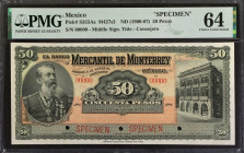 MEXICO. El Banco Mercantil de Monterrey. 50 Pesos, ND (1900-07). P-S355As. Specimen. PMG Choice Uncirculated 64.
Estimate: $500.00 - 700.00