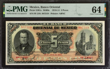 MEXICO. El Banco Oriental de Mexico. 5 Pesos, 1910-14. P-S381c. PMG Choice Uncirculated 64.
Estimate: $50.00 - 75.00