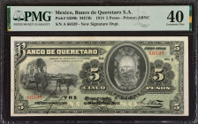 MEXICO. El Banco de Queretaro. 5 Pesos, 1914. P-S390b. PMG Extremely Fine 40.
Estimate: $60.00 - 90.00