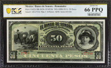 MEXICO. El Banco de Sonora. 50 Pesos, ND (1898-1911). P-S422r. Remainder. PCGS Banknote Gem Uncirculated 66 PPQ.
Estimate: $100.00 - 150.00