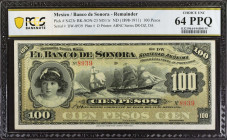 MEXICO. El Banco de Sonora. 100 Pesos, ND (1898-1911). P-S423r. Remainder. PCGS Banknote Choice Uncirculated 64 PPQ.
Estimate: $100.00 - 150.00