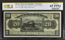 MEXICO. El Banco de Tamaulipas. 20 Pesos, ND (1914). P-S431d. Remainder. PCGS Banknote Gem Uncirculated 65 PPQ.
Estimate: $50.00 - 100.00