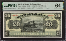MEXICO. El Banco de Tamaulipas. 20 Pesos, ND (1902-14). P-S431dr. PMG Choice Uncirculated 64.
Estimate: $50.00 - 75.00