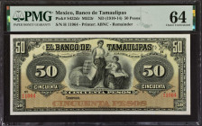 MEXICO. El Banco de Tamaulipas. 50 Pesos, ND (1910-14). P-S432dr. PMG Choice Uncirculated 64.
Estimate: $100.00 - 150.00