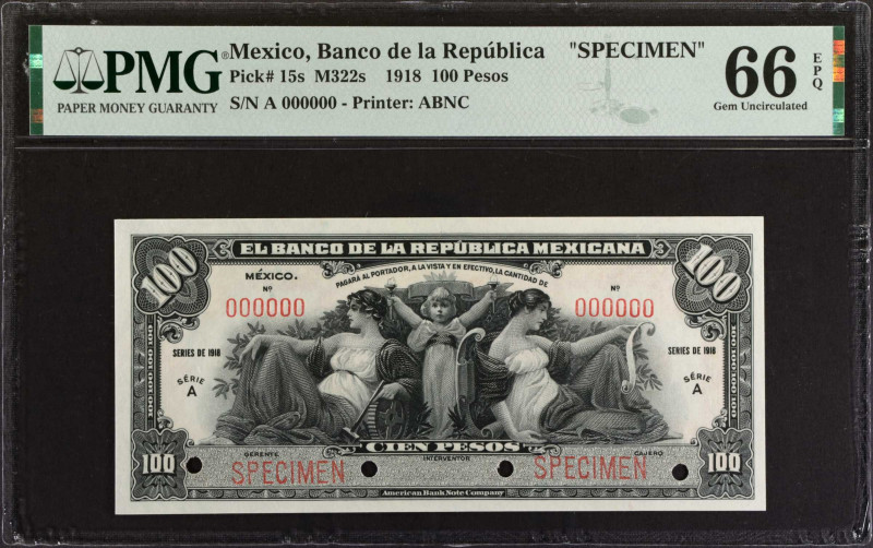 MEXICO. Banco de la Republica Mexicana. 100 Pesos, 1918. P-15s. Specimen. PMG Ge...