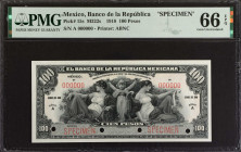MEXICO. Banco de la Republica Mexicana. 100 Pesos, 1918. P-15s. Specimen. PMG Gem Uncirculated 66 EPQ.
Estimate: $300.00 - 500.00