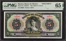 MEXICO. Banco de Mexico. 5 Pesos, ND; 1925-34. P-21s. Specimen. PMG Gem Uncirculated 65 EPQ.
Estimate: $100.00 - 150.00