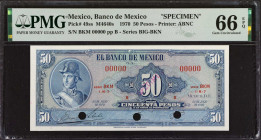 MEXICO. Lot of (8). Banco de Mexico. 1 to 1000 Pesos, 1954-77. P-Various. Specimens. PMG Gem Uncirculated 66 EPQ.
Estimate: $500.00 - 900.00