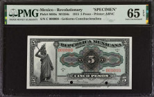 MEXICO--REVOLUTIONARY. Republica Mexicana. 5 Pesos, 1915. P-S685s. Specimen. PMG Gem Uncirculated 65 EPQ.
Estimate: $50.00 - 75.00