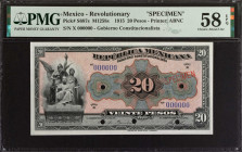 MEXICO--REVOLUTIONARY. Republica Mexicana. 20 Pesos, 1915. P-S687s. Specimen. PMG Choice About Uncirculated 58 EPQ.
Estimate: $50.00 - 75.00