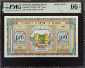 MOROCCO. Banque d'Etat du Maroc. 100 Francs, 1943-44. P-27s. Specimen. PMG Gem Uncirculated 66 EPQ.
Estimate: $400.00 - 700.00