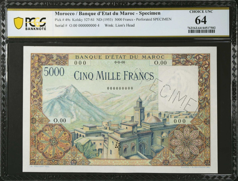 MOROCCO. Banque d'Etat du Maroc. 5000 Francs, ND (1953). P-49s. Specimen. PCGS B...