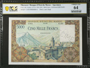 MOROCCO. Banque d'Etat du Maroc. 5000 Francs, ND (1953). P-49s. Specimen. PCGS Banknote Choice Uncirculated 64.
PCGS Banknote comments "Pinholes."
E...