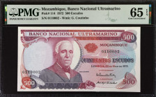 MOZAMBIQUE. Banco Nacional Ultramarino. 500 Escudos, 1972. P-114. PMG Gem Uncirculated 65 EPQ.
Estimate: $75.00 - 100.00