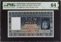 NETHERLANDS. Nederlandsche Bank. 10 Gulden, 1933-39. P-49. PMG Choice Uncirculated 64.
Estimate: $300.00 - 500.00