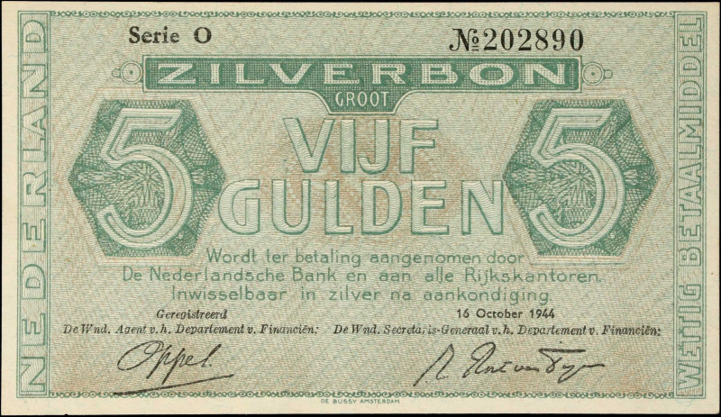 NETHERLANDS. Ministerie van Financien. 5 Gulden, 1944. P-63. About Uncirculated....