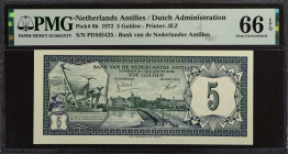NETHERLANDS ANTILLES. Bank Van de Nederlandse Antillen. 5 Gulden, 1972. P-8b. PMG Gem Uncirculated 66 EPQ.
Estimate: $50.00 - 100.00