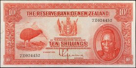 NEW ZEALAND. The Reserve Bank of New Zealand. 10 Shillings, 1934. P-154. Fine.
Pinholes. Internal Tear. Tear.
Estimate: $200.00 - 400.00