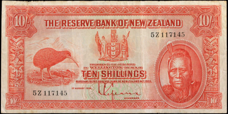 NEW ZEALAND. The Reserve Bank of New Zealand. 10 Shillings, 1934. P-154. Fine.
...