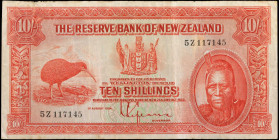 NEW ZEALAND. The Reserve Bank of New Zealand. 10 Shillings, 1934. P-154. Fine.
Pinholes. Rust.
Estimate: $200.00 - 400.00