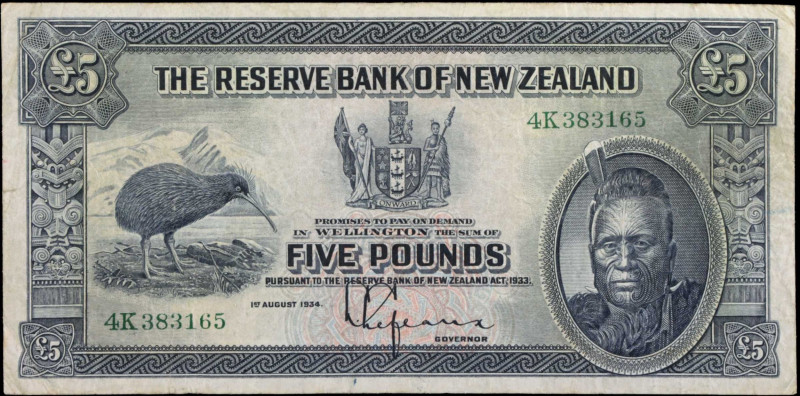 NEW ZEALAND. The Reserve Bank of New Zealand. 5 Pounds, 1934. P-156. Fine.
Pinh...