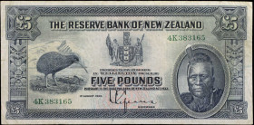 NEW ZEALAND. The Reserve Bank of New Zealand. 5 Pounds, 1934. P-156. Fine.
Pinholes.
Estimate: $300.00 - 500.00