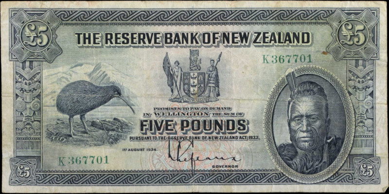 NEW ZEALAND. The Reserve Bank of New Zealand. 5 Pounds, 1934. P-156. Fine.
Ink....