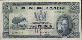 NEW ZEALAND. The Reserve Bank of New Zealand. 5 Pounds, 1934. P-156. Good.
Margin Tear.
Estimate: $200.00 - 400.00