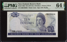 NEW ZEALAND. Lot of (2). Reserve Bank of New Zealand. 10 Dollars, ND (1977-81). P-166d. Consecutive. PMG Choice Uncirculated 64 EPQ.
Estimate: $150.0...