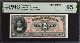 NICARAGUA. Tesoro Nacional. 1 Peso, 1910. P-44s. Specimen. PMG Gem Uncirculated 65 EPQ.
Estimate: $150.00 - 250.00